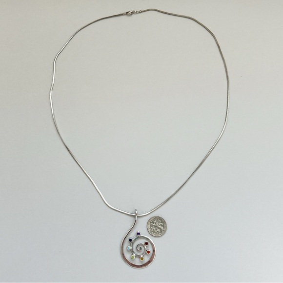 Multi Gemstone Seven Chakra Spiral Sterling Silver Necklace - Picture 7 of 8